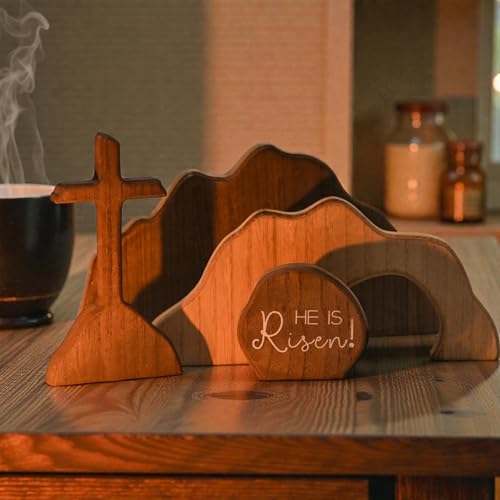 Wooden Easter Empty Tomb Decoration Set with Cross and Figurines, he is Risen, Jesus Resurrection Scene Christian Decor for Home, Church, Office, Shelf Display, Easter Table Decor (#C) - color: #C