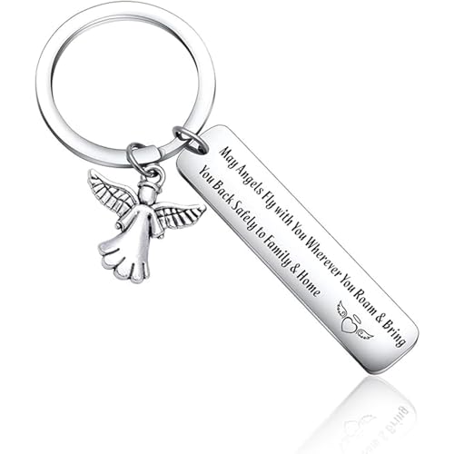 Inspirational Guardian Angel Keychain Stainless Steel Engraved Message Keyring for Women Car Keys Charms