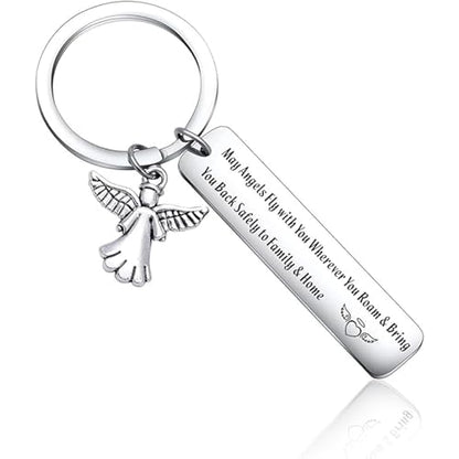 Inspirational Guardian Angel Keychain Stainless Steel Engraved Message Keyring for Women Car Keys Charms