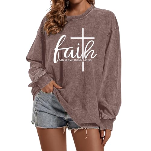Christian Shirts for Women Faith Can Move Mountains Acid Wash Shirt Jesus Religious Bible Verse Long Sleeve Top - color: Coffee, size: XX-Large