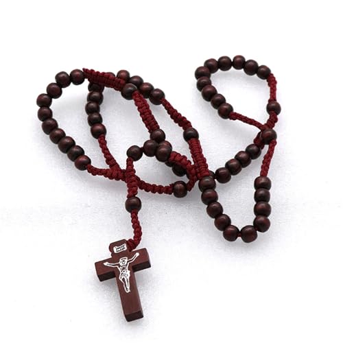 Natural Wood Beaded Cross Rosary Necklace Boho Handmade 8MM Wooden Beads with Jesus Cross Lightweight Rope Necklace for Men Women Religious Christian Prayer Fashion Jewelry Gifts - color: Wine red