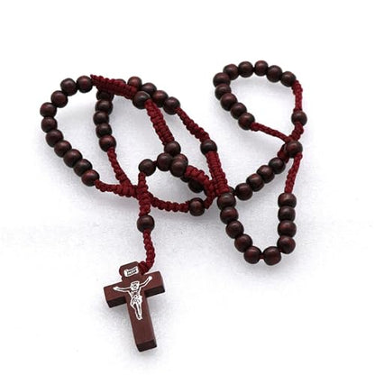 Natural Wood Beaded Cross Rosary Necklace Boho Handmade 8MM Wooden Beads with Jesus Cross Lightweight Rope Necklace for Men Women Religious Christian Prayer Fashion Jewelry Gifts - color: Wine red