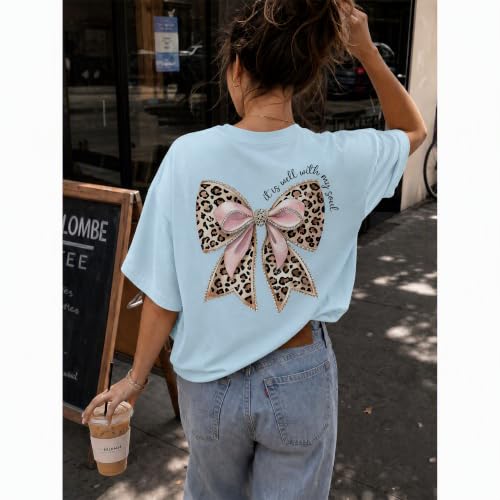 Leopard Bow Shirt Cheetah Bow Shirt Christian Shirts for Women Faith Bible Verse Shirts God Coquette Graphic Tees - color: Light Blue, size: Small