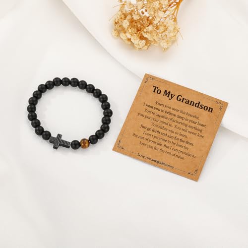 Gnamy Cross Bracelet for Boys Kids, American Flag Cross Beads Bracelet Easter Christian Religious Jewelry Gifts for Teen Teenage Boys - style: To My Grandson