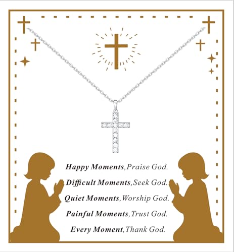 Birthstone Cross Necklace for Women,First Communion Gifts Easter Baptism Cross Jewelry Pendant Gift - color: 04April-Crystal White