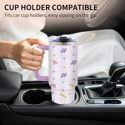 Purple Floral 40oz Tumbler with Handle Straw, Cute Flower Gifts for Women - color: Floral1