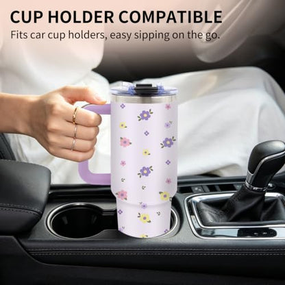 Purple Floral 40oz Tumbler with Handle Straw, Cute Flower Gifts for Women - color: Floral1