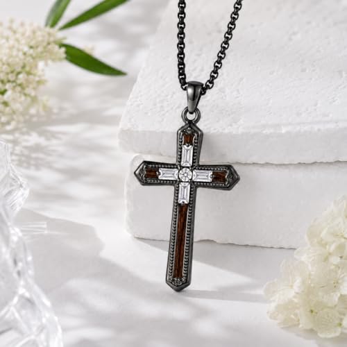 Cross Necklace for Men 925 Sterling Silver Cross Ebony Wooden Ankh Raven Praying Hands Crucifix Amulet Religious Jewelry Gifts for Men Women - color: Cross18