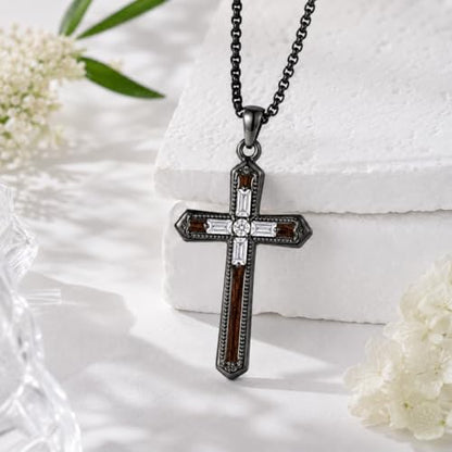 Cross Necklace for Men 925 Sterling Silver Cross Ebony Wooden Ankh Raven Praying Hands Crucifix Amulet Religious Jewelry Gifts for Men Women - color: Cross18