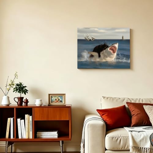 PYOYGU Funny Cat Wall Art, Black Cat Riding Shark, Quirky Canvas Wall Art - color: Cat&Shark, size: 16"L x 12"W