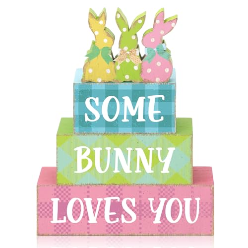 4 Pcs Easter Bunny Table Sign Wooden Table Decor Farmhouse Holiday Sign Easter Tabletop Centerpieces Spring Wood Blocks Tiered Tray Decor for Home Kitchen(Dot Bunny) - style: Dot Bunny