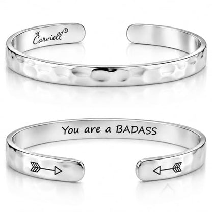 Carviell Bracelets for Women – 100+ Meaningful Engraved Messages – Solid 316L Surgical Stainless Steel Cuff Bracelet – Gift Ready - color: BADASS Gift - You are a Badass