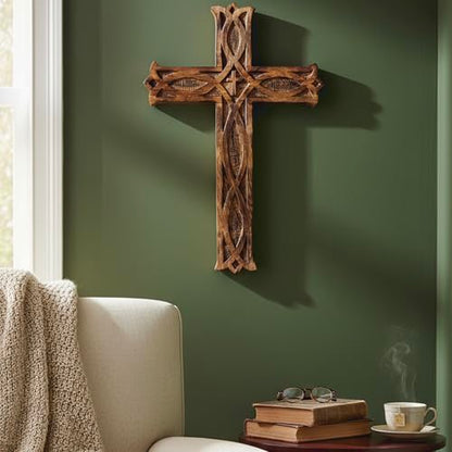 KSJONE Handmade Antique Design Rustic Look Wooden Wall Hanging Cross Decorative Religious Altar Spiritual Art Sculpture Home Living Room Décor Accessory for Christmas and Other Occasions (10 Inch) - size: 10"L x 6.5"W