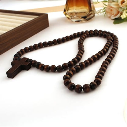 Natural Wood Beaded Cross Rosary Necklace Boho Handmade 8MM Wooden Beads with Jesus Cross Lightweight Rope Necklace for Men Women Religious Christian Prayer Fashion Jewelry Gifts - color: Dark brown