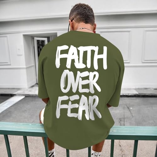 Christian Jesus Shirts for Men Faith Over Fear Shirt God Religious Bible Verse Inspirational Oversized Graphic Tees - color: Light Army Green, size: X-Large