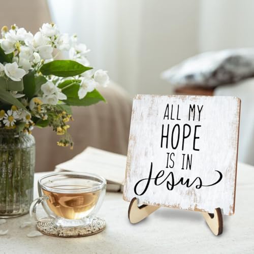 Rustic Wooden Inspirational Sign - 5.1x5.1 inches - Christian Bible Verse - Tabletop Decor - 3 Pack - color: HopeJesus