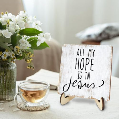 Rustic Wooden Inspirational Sign - 5.1x5.1 inches - Christian Bible Verse - Tabletop Decor - 3 Pack - color: HopeJesus