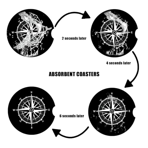 Cup Holders Car Coasters - Compass Absorbent Ceramic Coaster, Drink Cup Holder Coasters, Auto Accessories for Women & Men, Pack of 2 - color: Compass