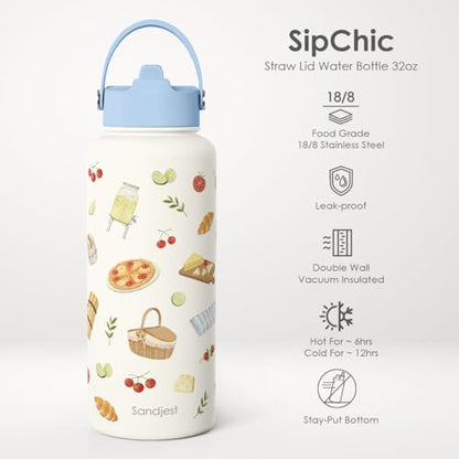 SANDJEST Picnic Gift for Women, Water Bottle Stainless Steel 32oz with Lid & Straw, Summer Vibe Insulated Bottles Gifts for Girls Friends Teens Birthday Christmas - color: Picnic