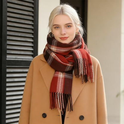 Fall Winter Plaid Scarf for Women Soft Tassel Scarves Oversized Shawl Wraps - color: Coffee-red-plaid