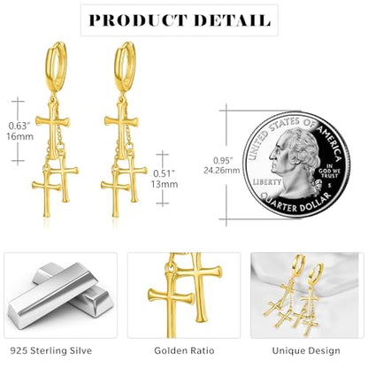 Cross Earrings 925 Sterling Silver Cross Dangle Earrings Christianity Jewelry Gift for Men Women - style: 3 Cross-Gold
