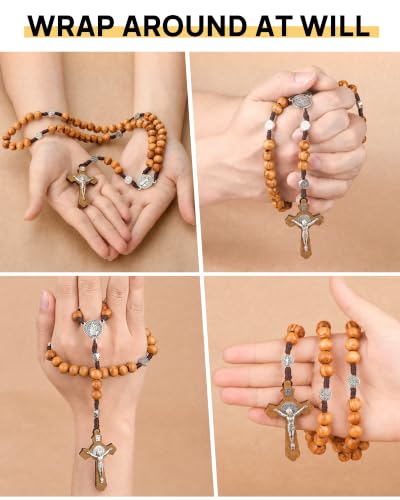Wooden Rosary Beads, Rosarios Catolicos with Metal Cross for Men & Women - color: Pine Brown