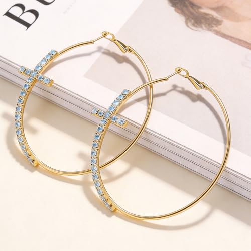 Large Cross Hoop Earrings for Women Sparkly Rhinestone Statement Jewelry for Prom Wedding Party Night Out Accessories Shiny Silver Tone Fashion Dangle Earings - color: Light Blue