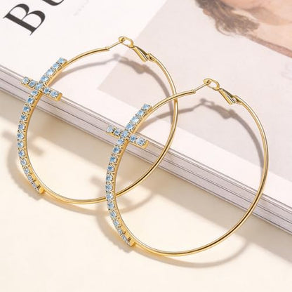 Large Cross Hoop Earrings for Women Sparkly Rhinestone Statement Jewelry for Prom Wedding Party Night Out Accessories Shiny Silver Tone Fashion Dangle Earings - color: Light Blue