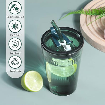 Joeyan Glass Tumbler with Straw and Lid,Green Glasses Water Cup with Straw - color: Green-1