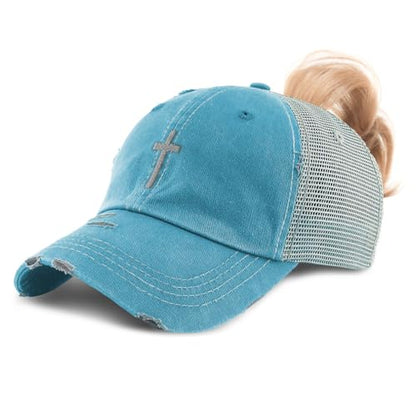Ponytail Cap Women's Baseball Cap Embroidered Cross Silver Christ Jesus God Faith Cotton - color: Turquoise Design Only