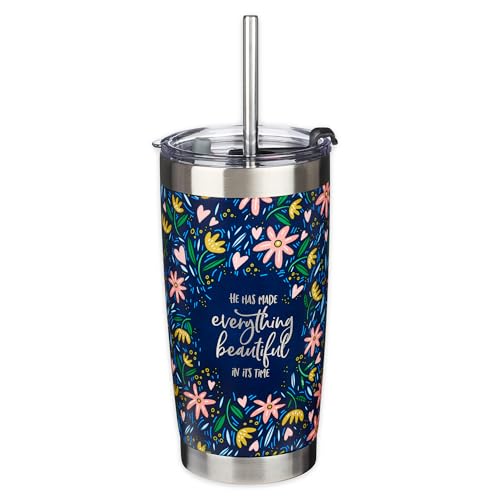 Christian Art Gifts Stainless Steel Double-Wall Vacuum Insulated Tumbler w/Straw & Lid 18 oz Navy Floral Inspirational Bible Verse Travel Mug for Women - Everything Beautiful - Ecc. 3:11 - color: Navy/Everything Beautiful