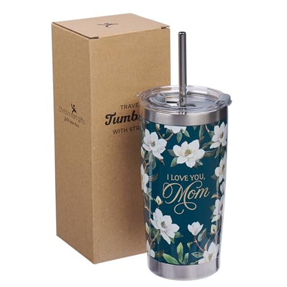 Christian Art Gifts Large Stainless Steel Double Wall Vacuum Insulated Travel Tumbler for Mothers: Love You, Mom, Inspiring Scripture, Hot/Cold, Flip Top Lid, Resusable Straw, Dark Teal Floral, 18 oz. - color: Dark Teal Floral/Mom