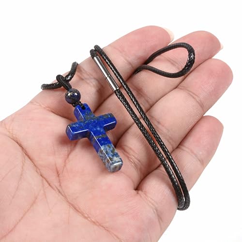 Justinstones Natural Gemstone Carved Cross Reiki Chakra Pendant Necklace 22 Inch - color: 30mm Lapis