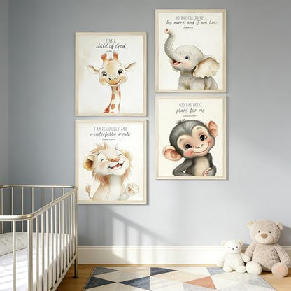 4 Pcs Nursery Christian Animal Posters Wall Art Fun Wild Animal Bible Verse Wall Decor Cute Christian Canvas Pictures Child Painting Print Artwork for BabyBedroom Playroom 8x10 in Poster