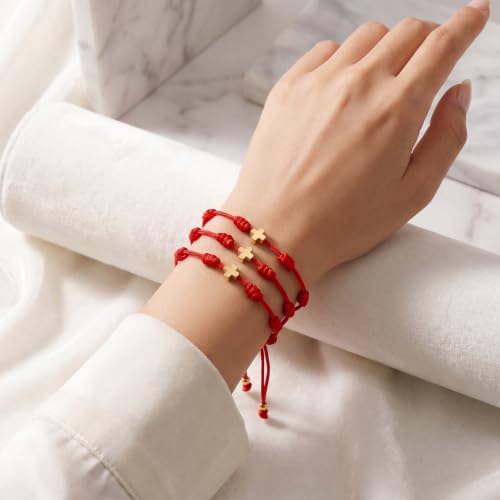 7 Knots Protection Good Luck Red String Rope Gold Cross Bracelet for Women Men, 3Pcs stack Evil Eye Handmade Amulet Adjustable Jewelry, God Christ Pray Friendship Gift - color: Red Cross
