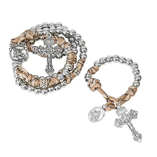 Nazareth Store Paracord Rosaries Set Alloy Beads Rugged Rosary Necklace and One Decade Rosary Strong and Heavy Corded with St.Michael, St. Joseph Pray for Us Medal with Pardon Crucifix - color: Antique Silver St. Michael Paracord Rosary Set with One Decad