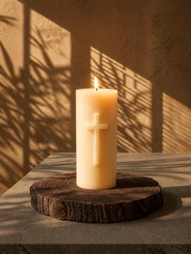 Large Cross Pillar Candle 9x4 Inch | Handmade Beeswax & Soy Wax Candle | Unscented Christian Prayer Candle | Religious Home Decor | Church, Altar & Memorial Candle | 90 Hour Burn Time
