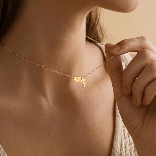Ritach Cross Initial Necklaces for Women Girls - 14K Gold Plated Initial Heart Necklace Dainty Gold Cross Pendant Necklace Birthday First Communion Baptism Christian Gifts for Women Kids Teen Girls - color: D