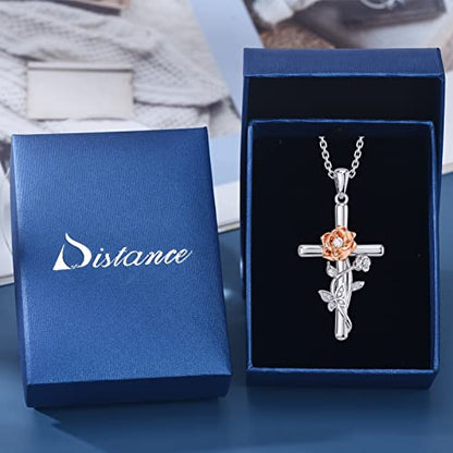 Distance Cross Necklace for Women 925 Sterling Silver Jewelry Pendant Necklace for Mom Wife Gift for Mother's Day or Birthday - style: Two-tone Rose Cross Necklace