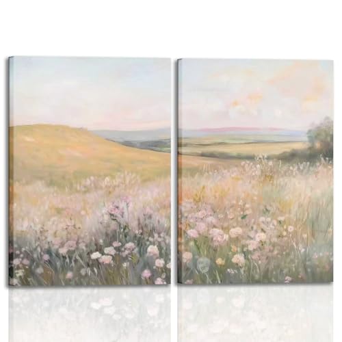 YSDPIC Wildflower Botanical Wall Art Decor 16x24 Inch Set of 2 Landscape Field Wall Art Pictures Farmhouse Prints Landscape Painting Countryside Artwork for Living Room Bedroom Wall Decor - color: Wildflower Field, size: 16"L x 24"W