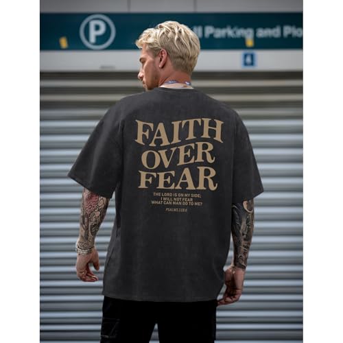 Christian Faith Over Fear Shirt for Men Jesus Religious Shirts Oversized Graphic Tees Acid Wash God T-Shirt - color: Black, size: Medium
