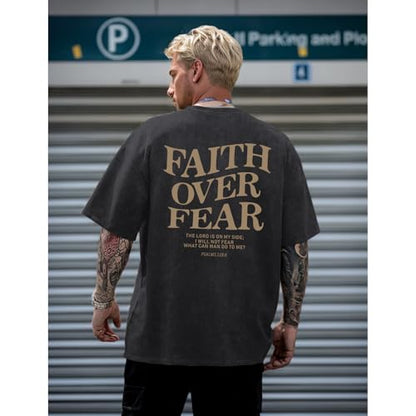 Christian Faith Over Fear Shirt for Men Jesus Religious Shirts Oversized Graphic Tees Acid Wash God T-Shirt - color: Black, size: 4X-Large