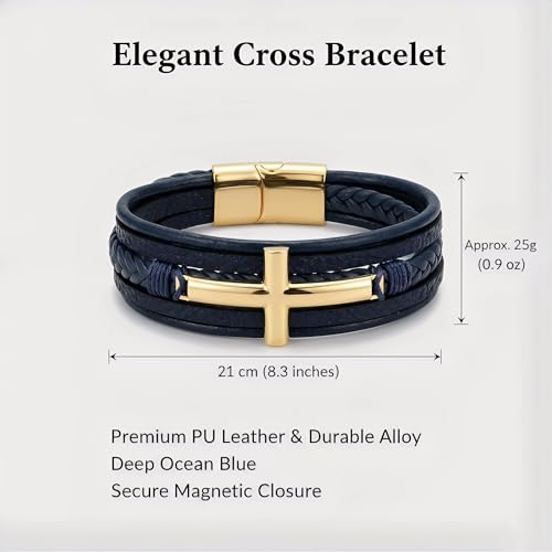 Stainless Steel Braided Leather Bracelet for Men Cuff Bangle Cross - color: Blue&Gold