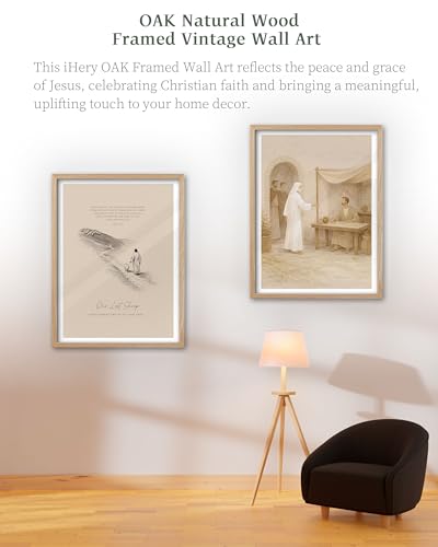 iHery 16x20in Luke 15:4 Jesus Leaves the 99 Framed Christian Wall Art - color: OAK Framed 99 Sheep, size: 20"L x 16"W