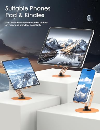 360° Rotating Cell Phone Stand for Desk, Adjustable Foldable Aluminum Phone Holder with Anti-Slip Base, Sturdy Desktop Stand Compatible with iPhone, iPad, Android Phones – Orange - color: Orange