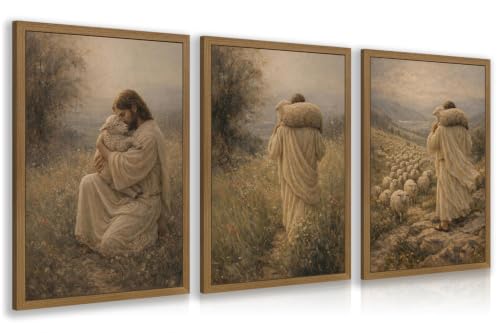 Dynazo Wood Framed Good Shepherd Wall Art Set of 3, Jesus with Lamb Christian Decor, Religious Bible Stories Poster Prints, Inspirational Faith Artwork for Living Room Bedroom Office 12x16 Inch - color: JesusLamb, size: 16"L x 12"W