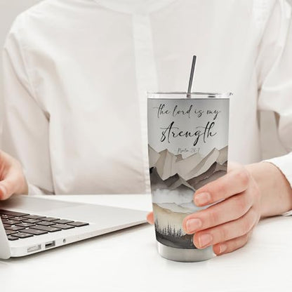 Christian 20oz Travel Coffee Mug Tumbler, Christian Gifts for Women Men, the Lord Is My Strength Bible Verse Mountain Landscape Stainless Steel Tumbler with Lid and Straw - color: strength