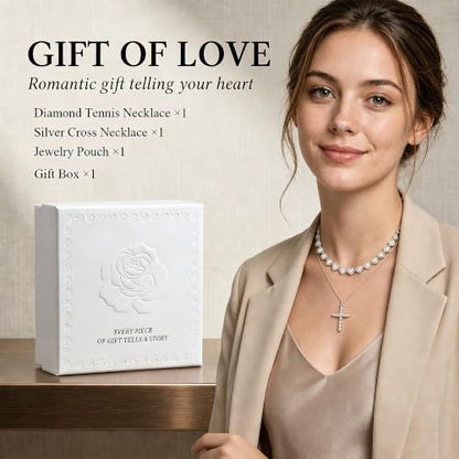 LOKOZ Cross Necklace for Women, Tennis Necklace, Gifts for Women - color: Layered Necklace - Cross 1 - Silver