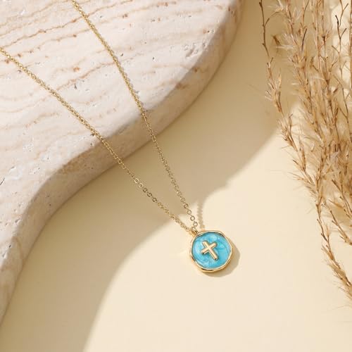 Gold Enamel Mini Cross Necklace Tiny Mother of Pearl Cross Necklace Religious Christian Gift for Baptism First Communion Christmas - color: bless this girl cross necklace-blue