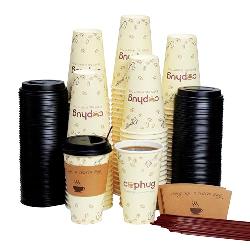 16oz Disposable Coffee Cups with Lids, Kraft Sleeves & Straws, 100 Pack Black Paper Hot Drink Cups - color: Yellow, size: 16oz-100Pack